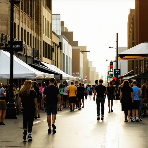 A lively Memphis street with local shops and people gathering