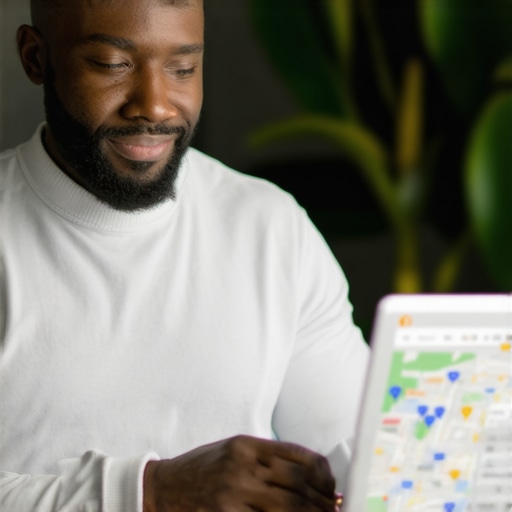 Optimizing Memphis Google Maps Listing Memphis business owner working on Google My Business profile with local map background