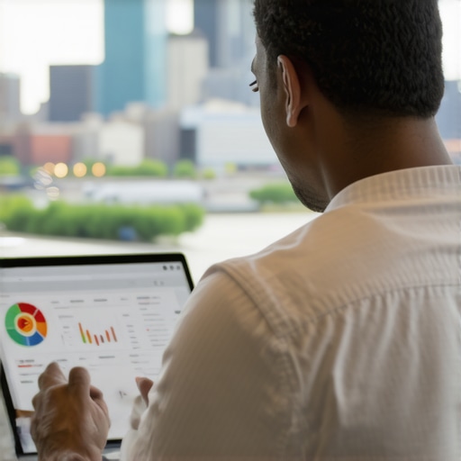Business owner reviewing SEO analytics with Memphis skyline behind