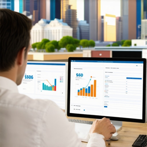 Analyzing Memphis SEO Data with Multiple Screens A marketer reviewing SEO analytics and Memphis landmarks on screens for local SEO maintenance