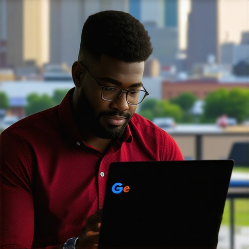 Business owner working on Google My Business profile with Memphis city view