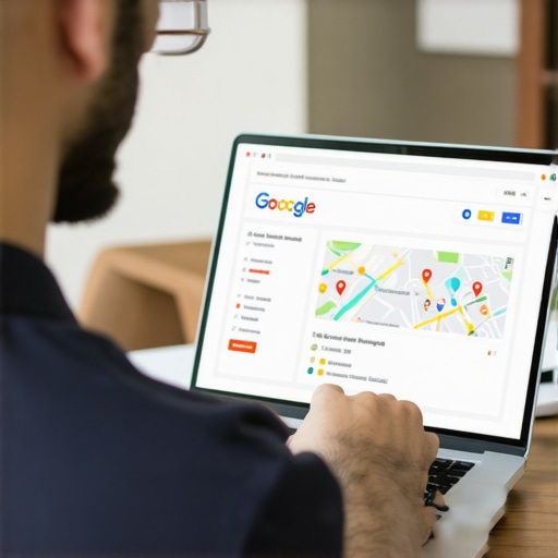 Business owner editing Memphis Google My Business profile on laptop with maps and review icons