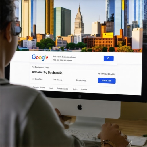 Optimizing Memphis Google Profile Person updating Google My Business profile with Memphis landmarks in the background.