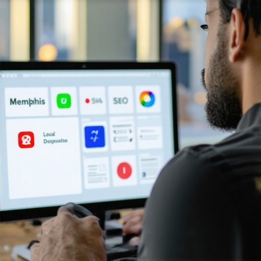 Person analyzing local SEO metrics on a laptop with Memphis skyline