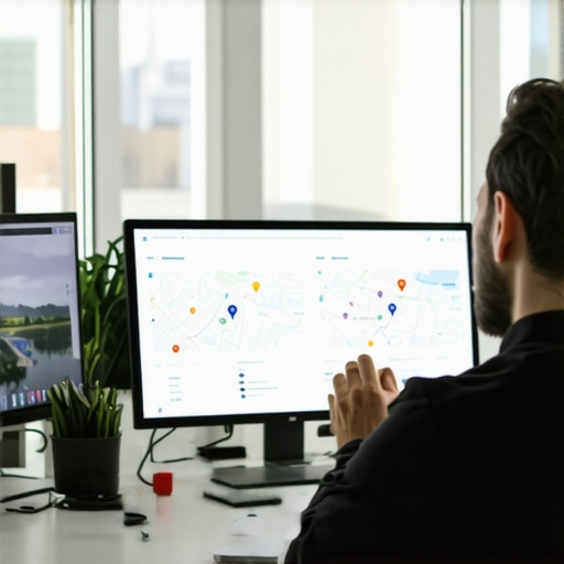 A person reviewing Memphis local SEO analytics on multiple monitors, city map in background