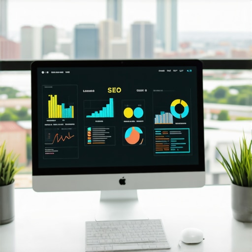 A workspace with screens displaying SEO analytics and Memphis skyline in the background