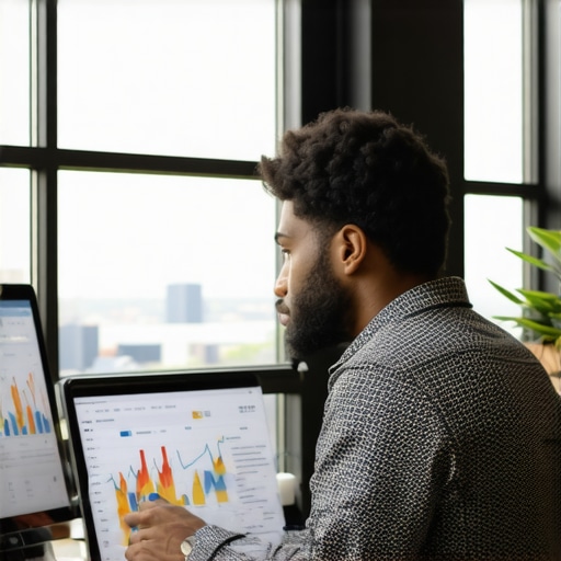 Memphis SEO Tools Digital marketer reviewing SEO analytics with Memphis city skyline in background