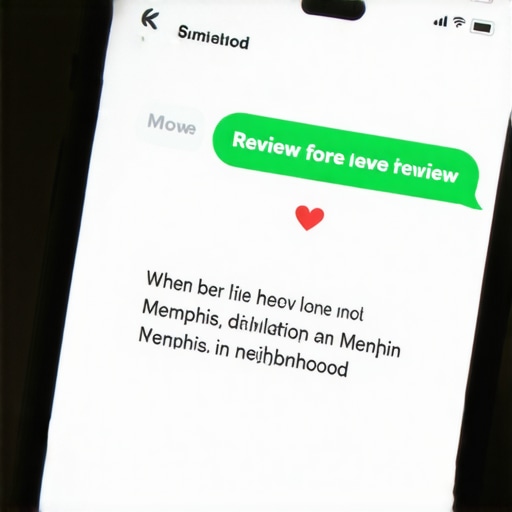 Text message review request highlighting Memphis neighborhood keywords for local pack rankings.