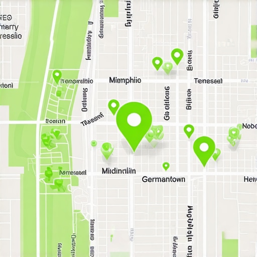 A 3D visualization of Memphis neighborhoods with green pins indicating high local pack rankings.