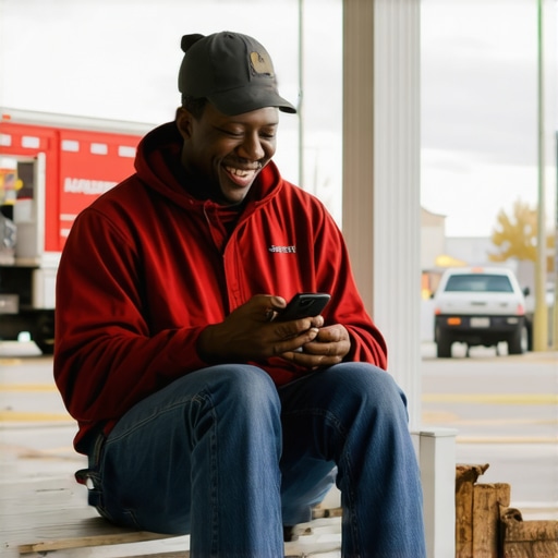 A happy customer in Memphis using a smartphone to leave a 5-star review for a local business.